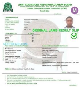 JAMB Original Result Slip